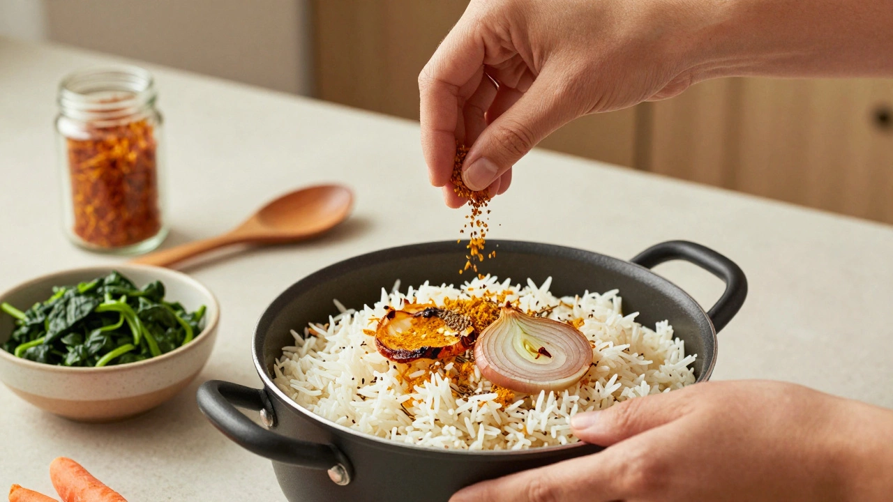 Hands preparing healthier biryani with turmeric, roasted onions, and fresh vegetables.