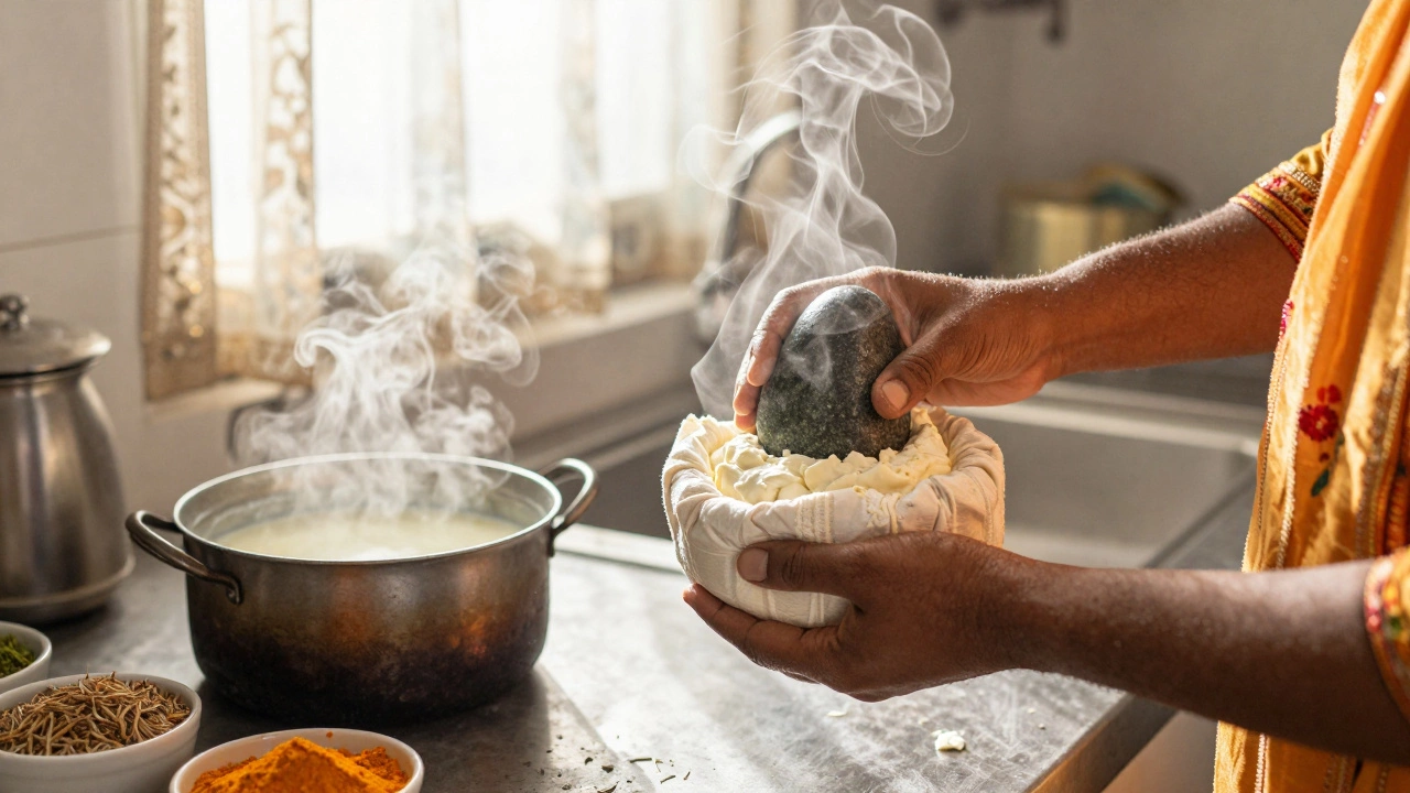 Hands wrapping paneer curds in cheesecloth with a stone press and simmering milk.