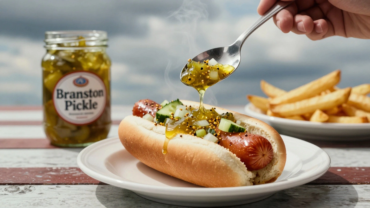 Pickled relish being spooned onto a hot dog with visible vegetable chunks.