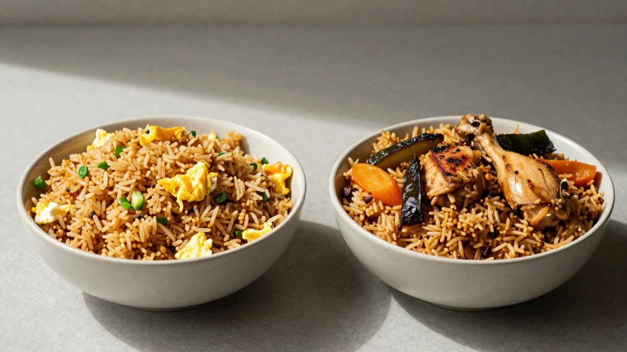 Side-by-side comparison of oily restaurant fried rice and spiced homemade biryani in bowls.