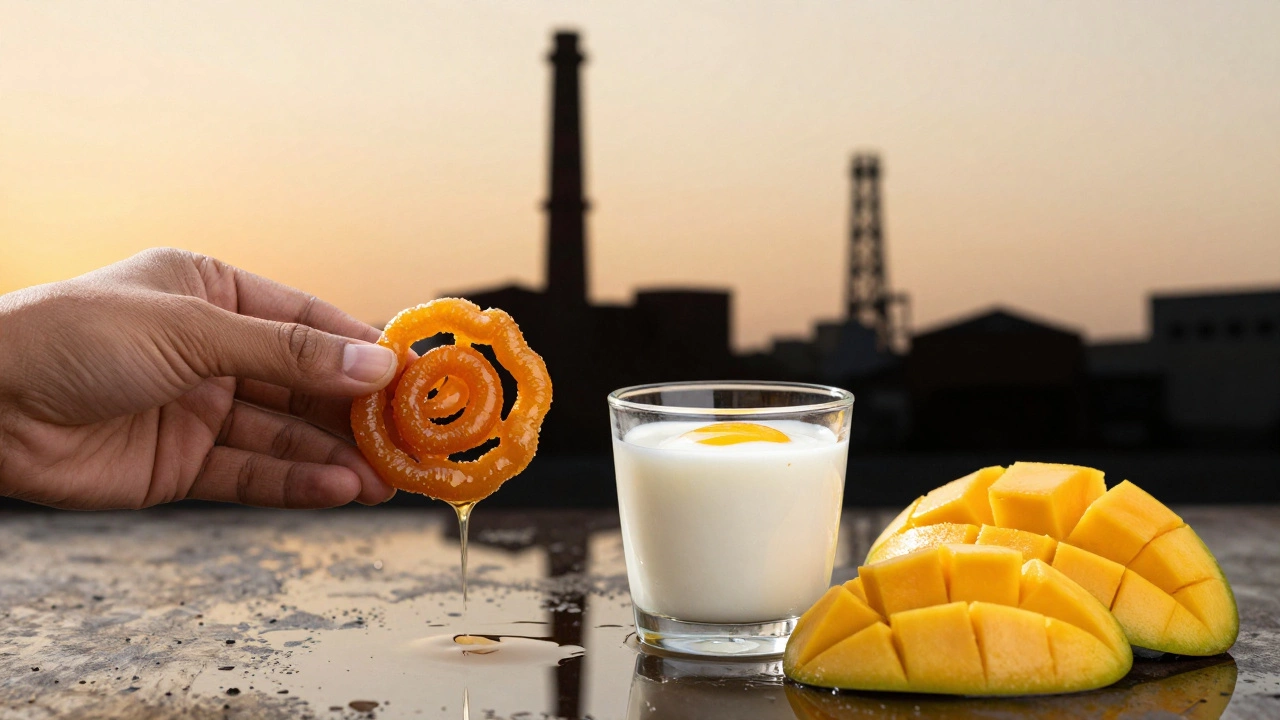 A jalebi beside healthy alternatives like yogurt and mango, with a factory silhouette in the oily reflection.