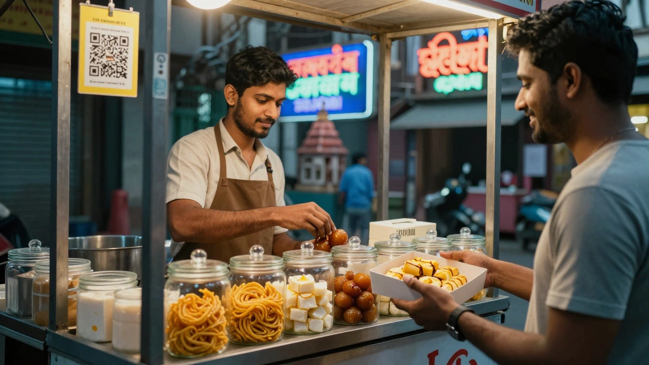 A modern Indian dessert stall serving traditional sweets in reusable jars with a QR code nearby.