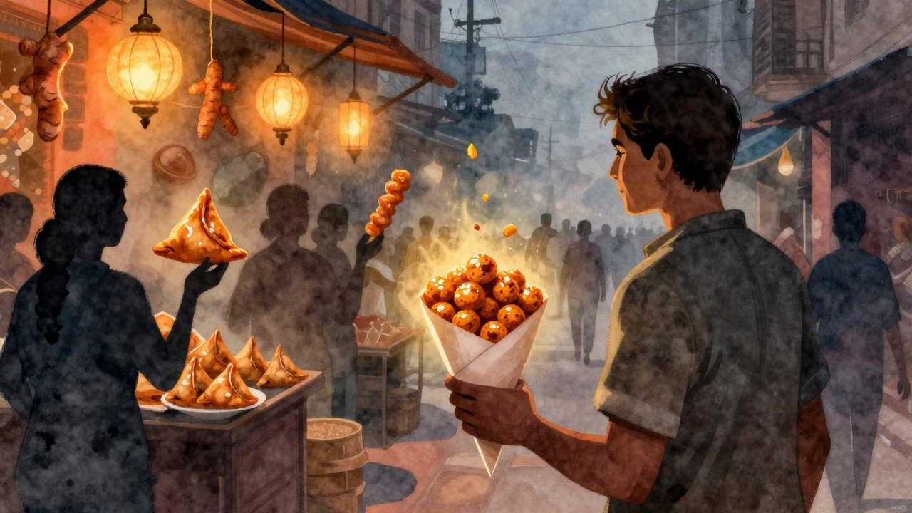 A person walking through a street holding roasted chana, while fried snacks fade into shadows.