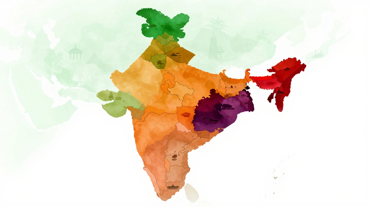 An abstract color-coded map of India showing regional meat consumption patterns without text or labels.