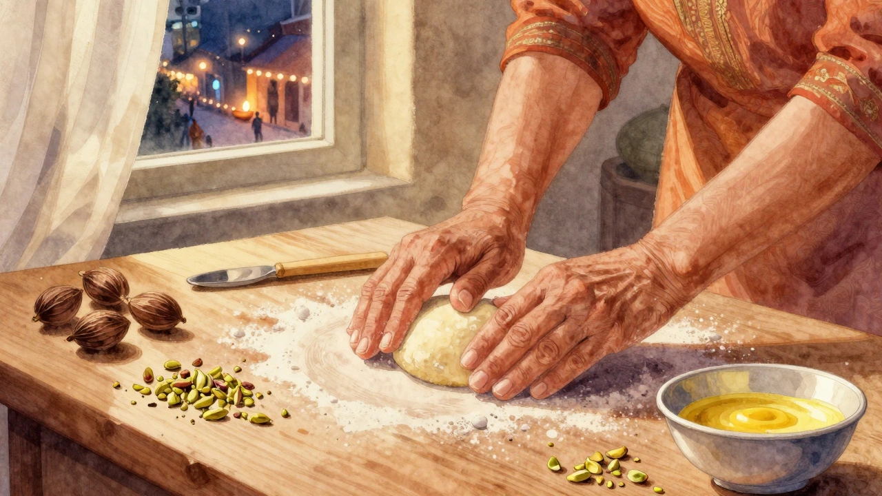 An elderly woman's hands shaping laddus with ghee and nuts, surrounded by cardamom and pistachios.