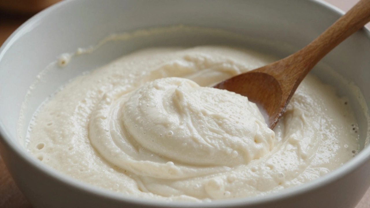 Close-up of fermented white dosa batter with air bubbles