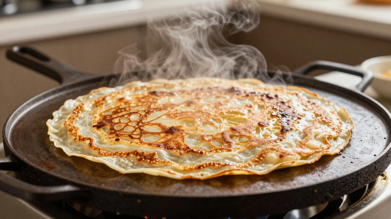 Crispy golden dosa cooking on a hot cast iron griddle