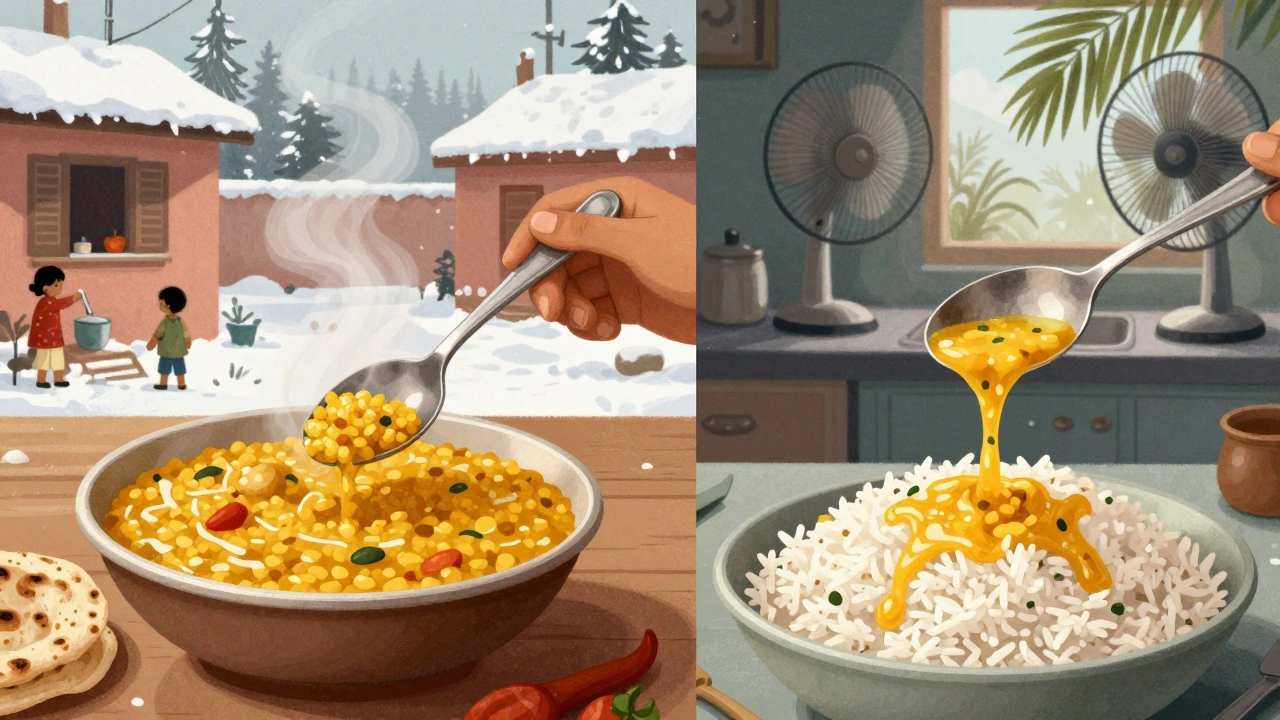 Cultural contrast of thick and runny dal served in northern and southern Indian homes.