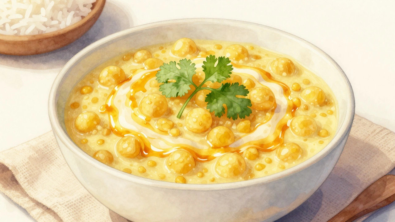 Finished creamy yellow dal in a bowl with ghee and cilantro