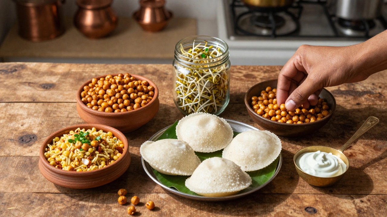 Five traditional healthy Indian snacks arranged on a wooden table with natural light.