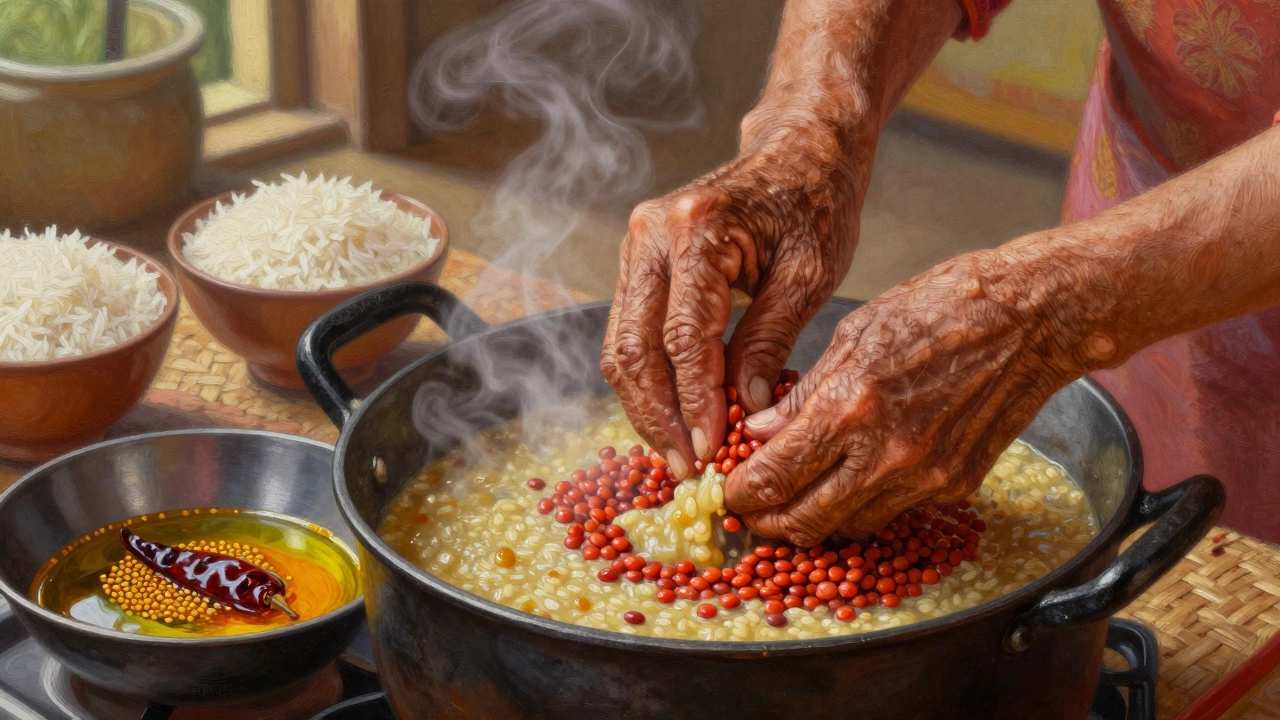 Hands mashing lentils in a pot to thicken dal, with tempering oil sizzling nearby.