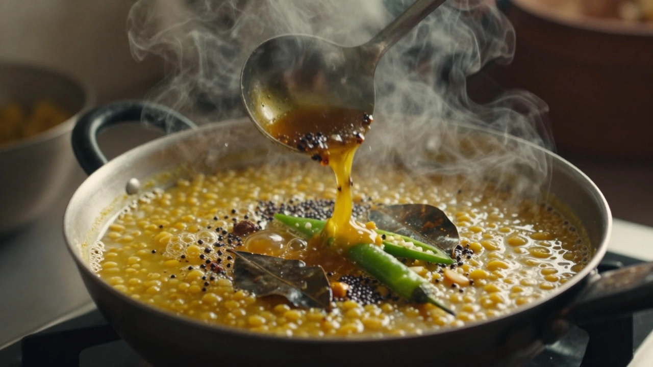 Hot oil and spices being tempered into simmering lentil soup