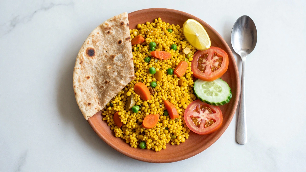 Overhead view of balanced Indian meal plate featuring moong dal khichdi, roti, and fresh vegetable sides