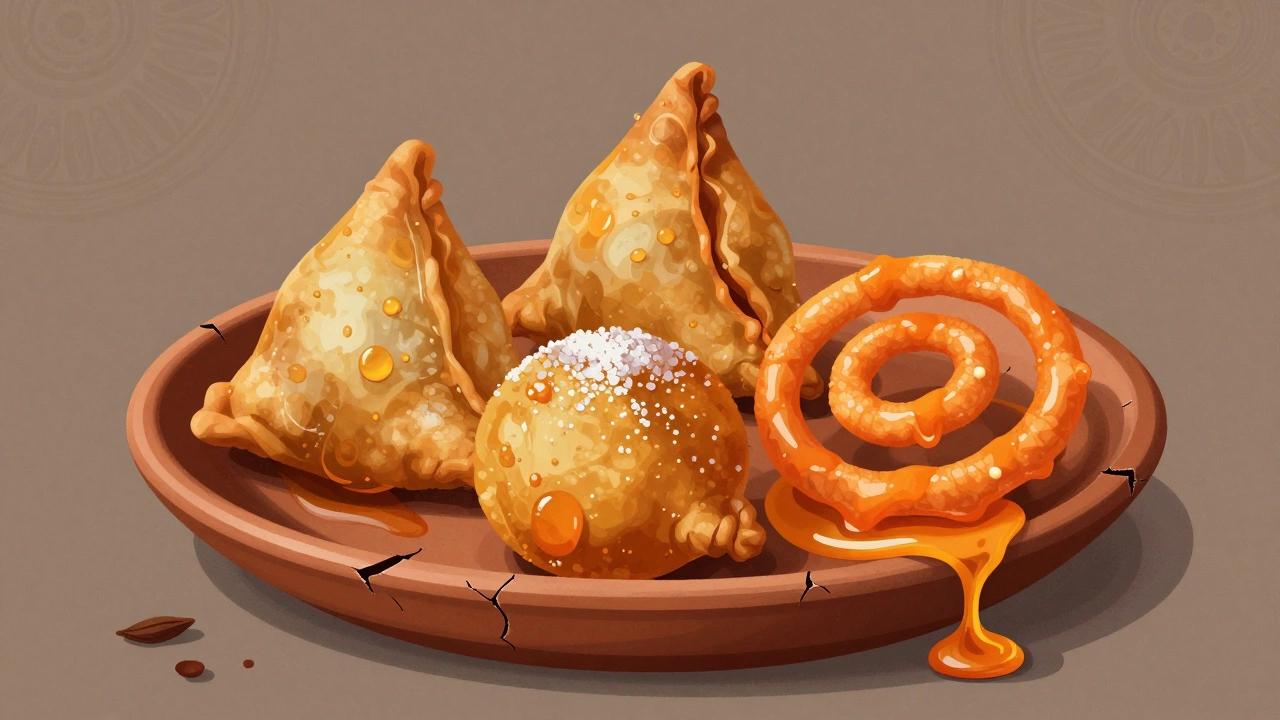 Samosas, pakoras, and jalebi on a clay plate, each revealing hidden unhealthy ingredients like oxidized oil and sugar crystals.