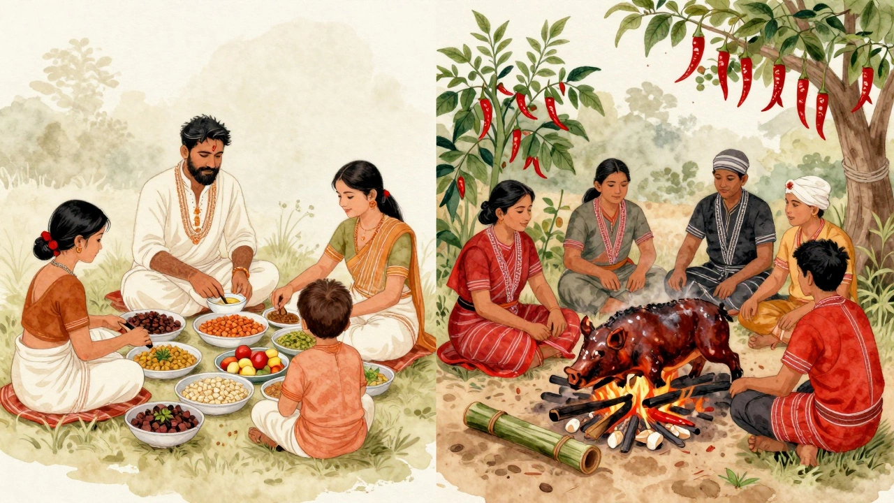 Two contrasting Indian households: a Jain family preparing vegetarian food and a Naga family roasting fermented pork.