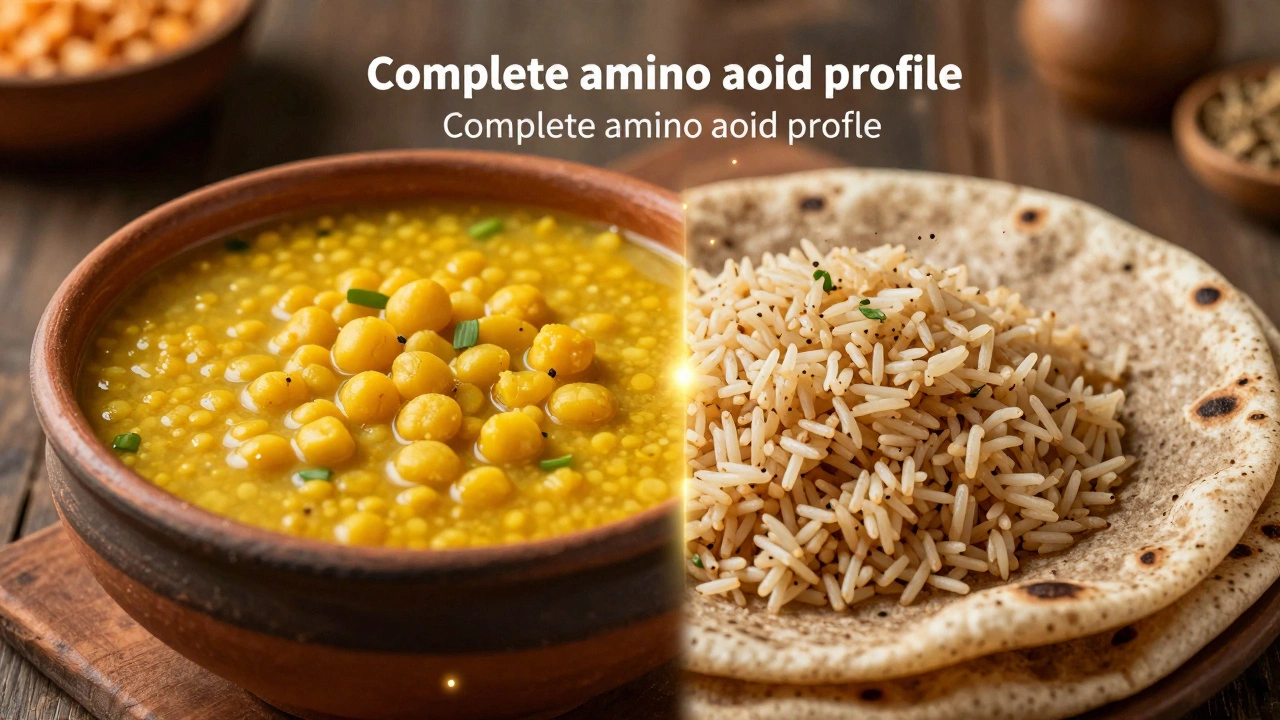 A balanced meal of dal, brown rice, and roti representing complete plant-based protein.