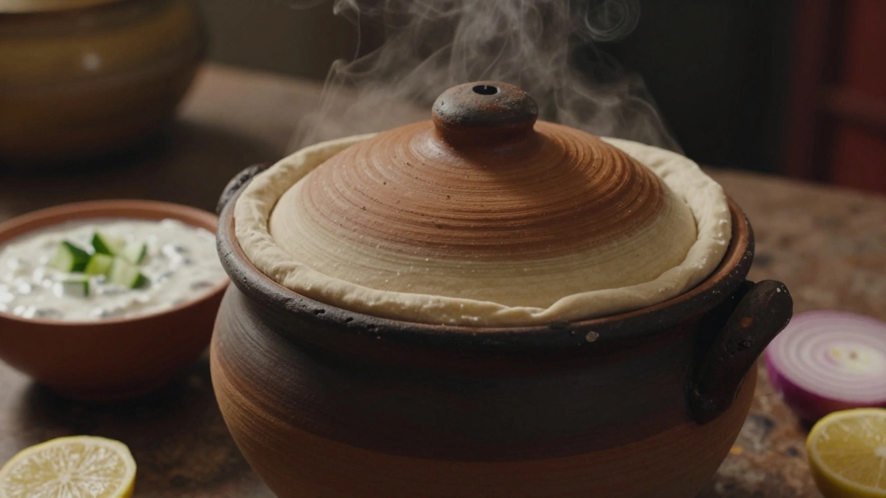 A traditional clay pot sealed with dough for dum cooking, served with raita and onions.