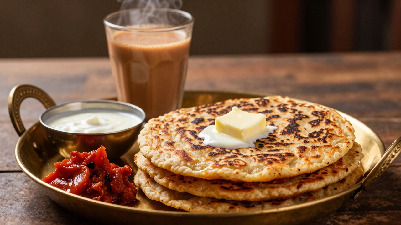 Aloo paratha with melting white butter, yogurt, and a glass of masala chai.