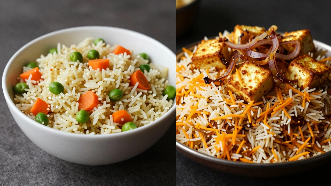 Comparison of light vegetable pulao and rich, layered vegetable biryani with paneer.