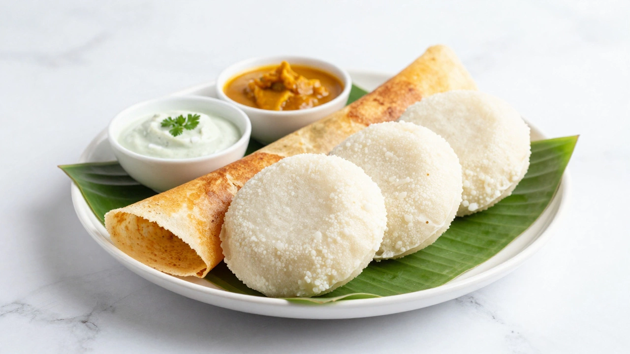 Freshly prepared idli and dosa on a banana leaf, showcasing traditional fermented Indian breakfast.
