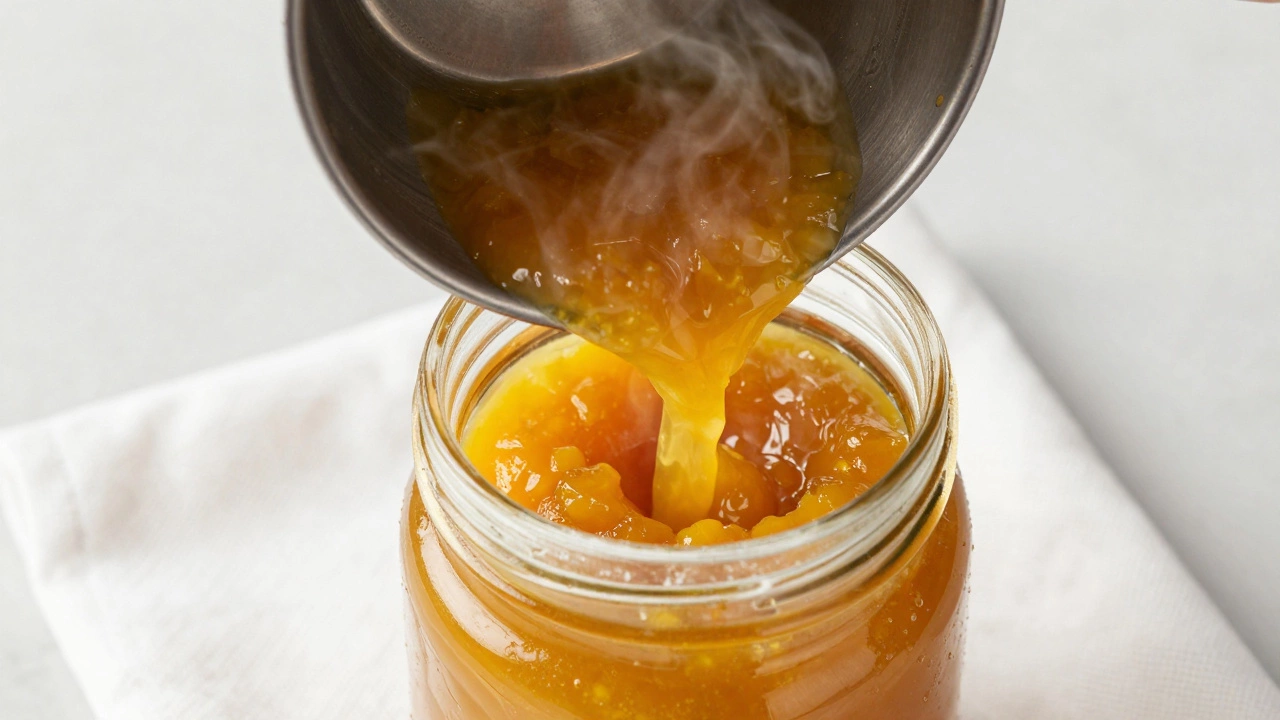 Hot mango chutney being poured into a glass jar using a metal funnel.