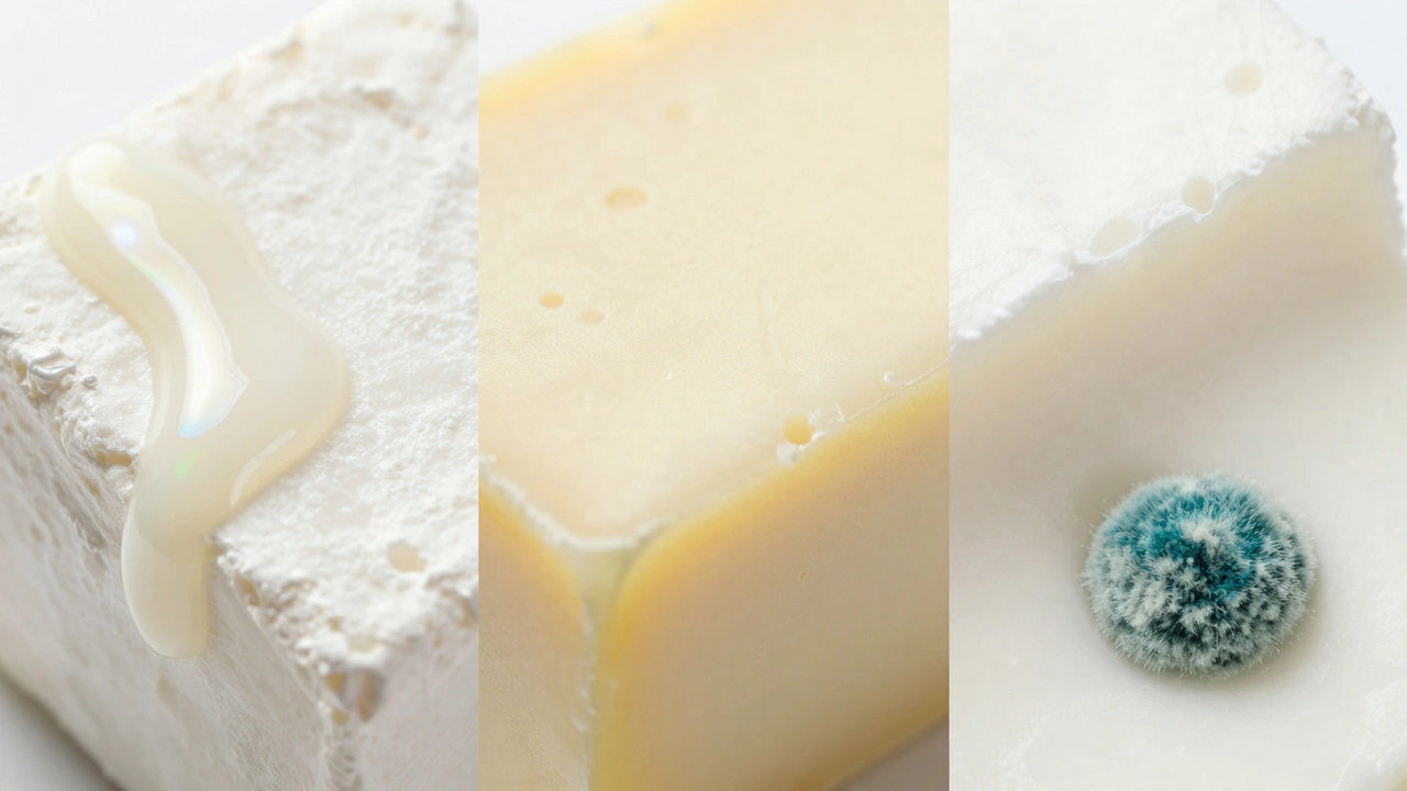 Macro views of spoiled paneer showing slimy texture, yellow discoloration, and blue mold.