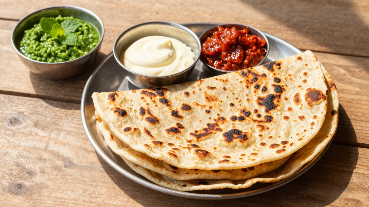 Paneer Paratha flatbreads served with white butter and spicy pickle on a wooden table