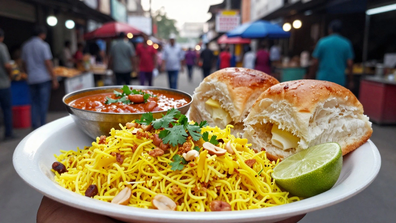 Plates of yellow poha with sev and spicy misal pav with toasted buns.
