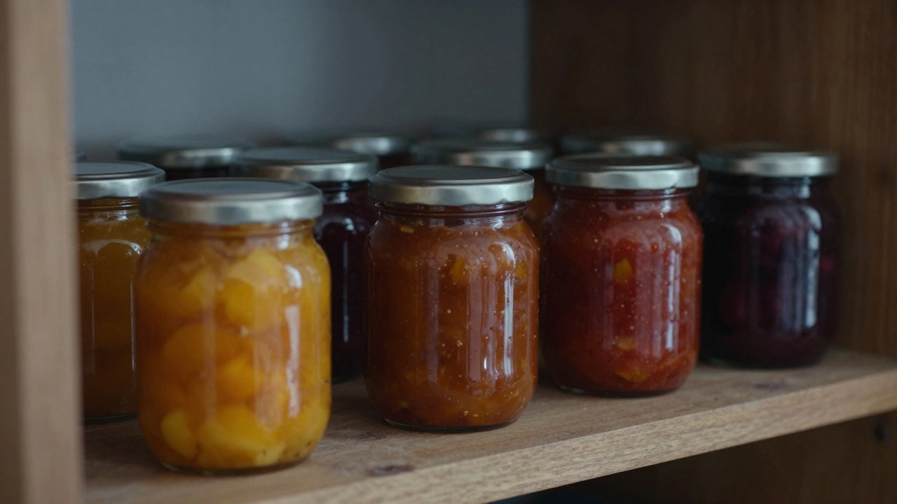 Sealed glass jars of various homemade chutneys stored on a rustic wooden shelf.