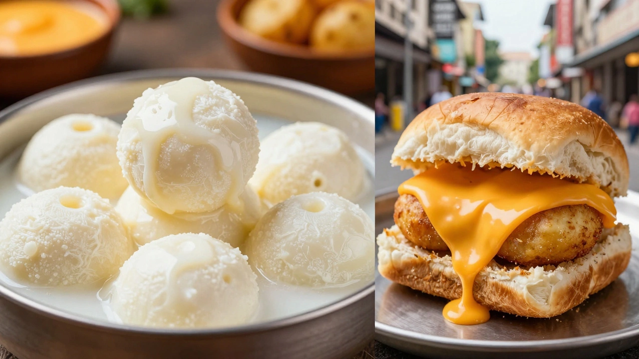 Split view of traditional white chhena sweets and a modern cheese-topped Vada Pav