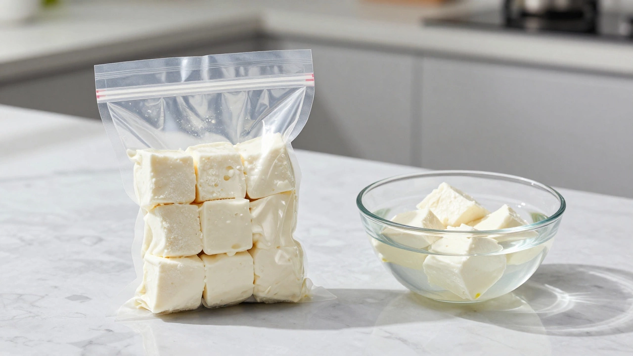 Vacuum-sealed frozen paneer cubes and paneer submerged in clear water on a marble counter.