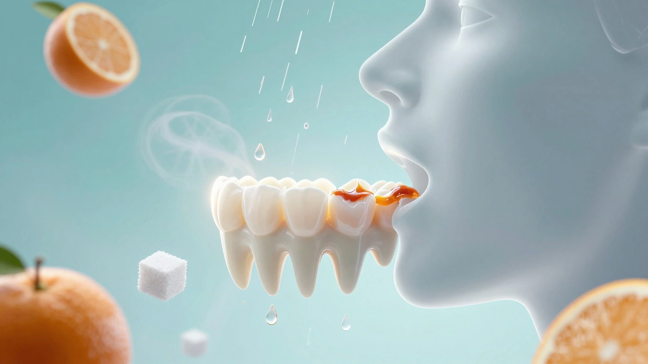 Artistic illustration of acid eroding tooth enamel with citrus drops.