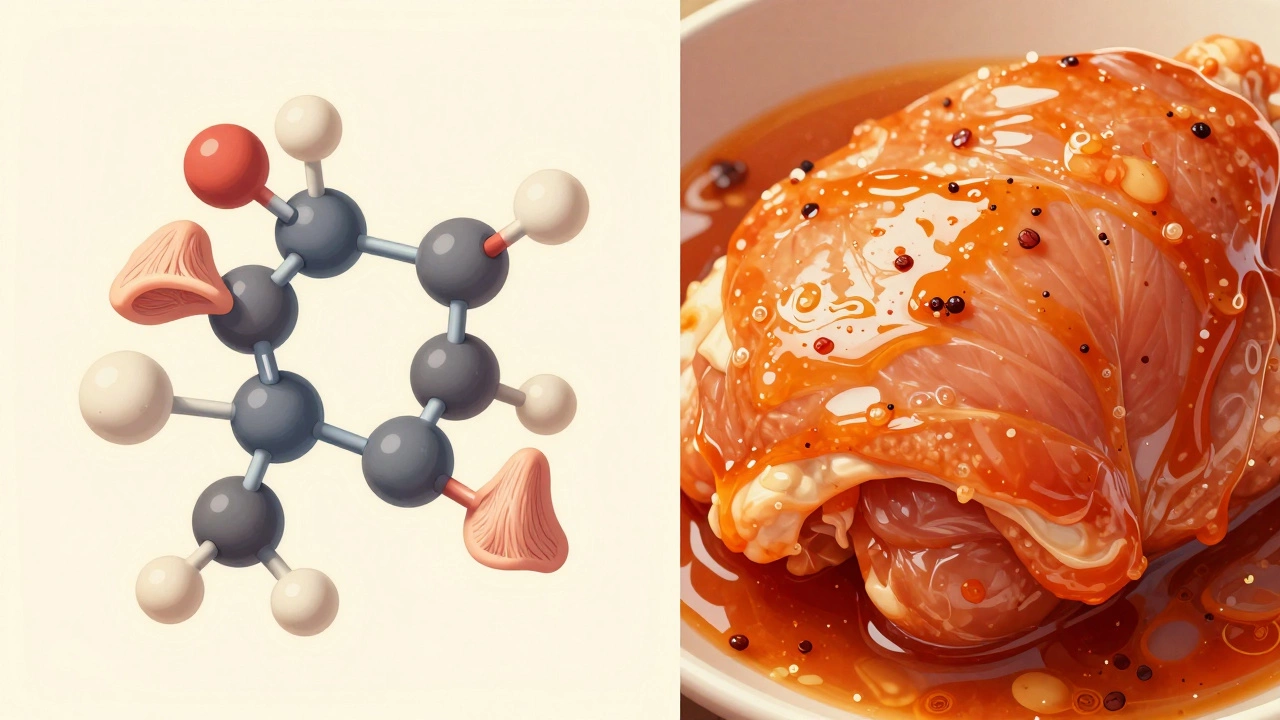 Artistic split view showing lactic acid tenderizing chicken fibers and marinated meat.