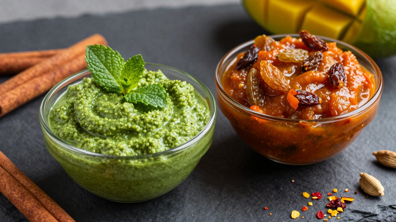 Close-up of fresh green and cooked mango chutney in glass bowls