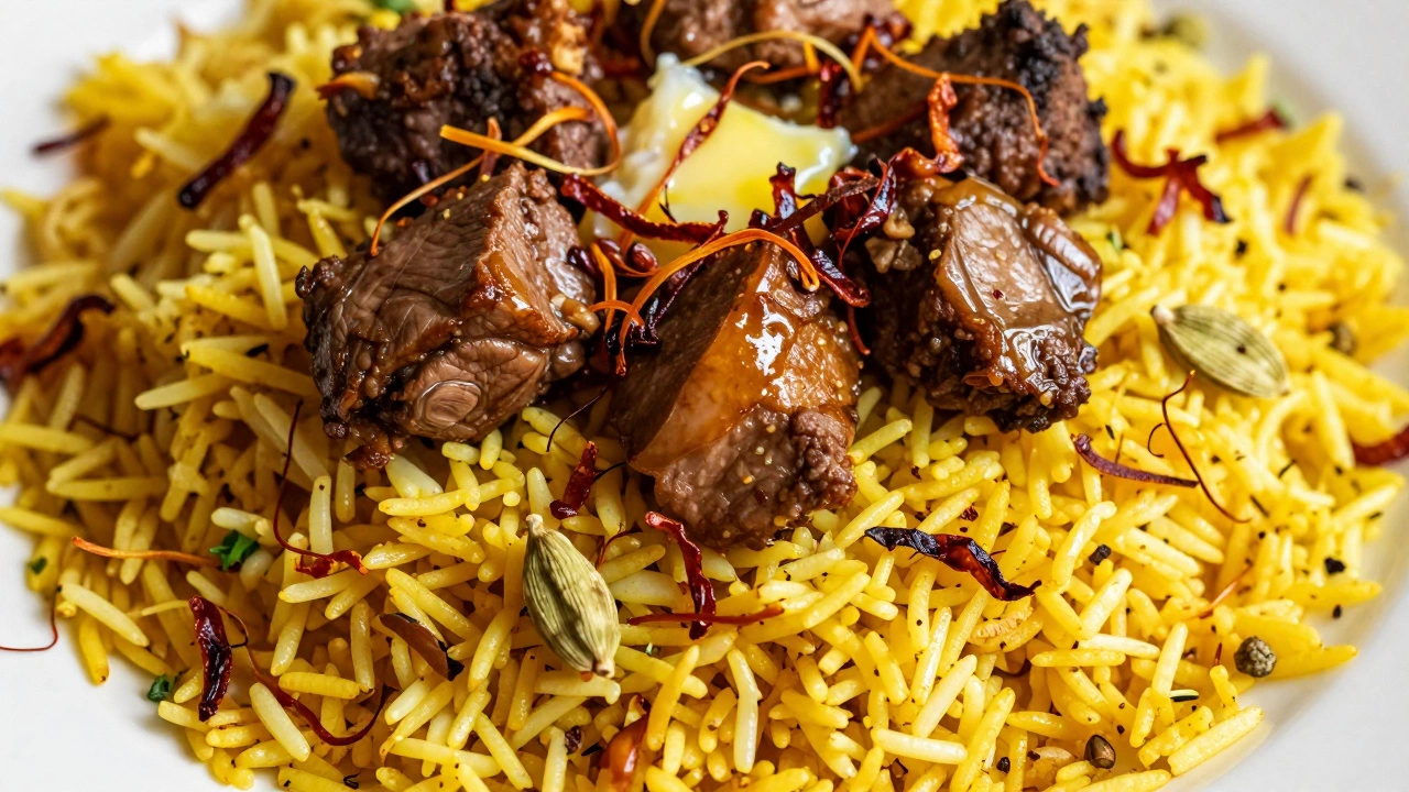 Close-up of layered biryani with saffron rice and crispy onions
