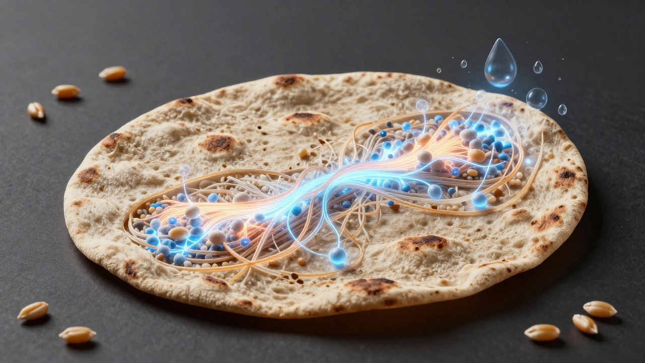 Conceptual art showing fiber and starch structures inside a whole wheat flatbread.