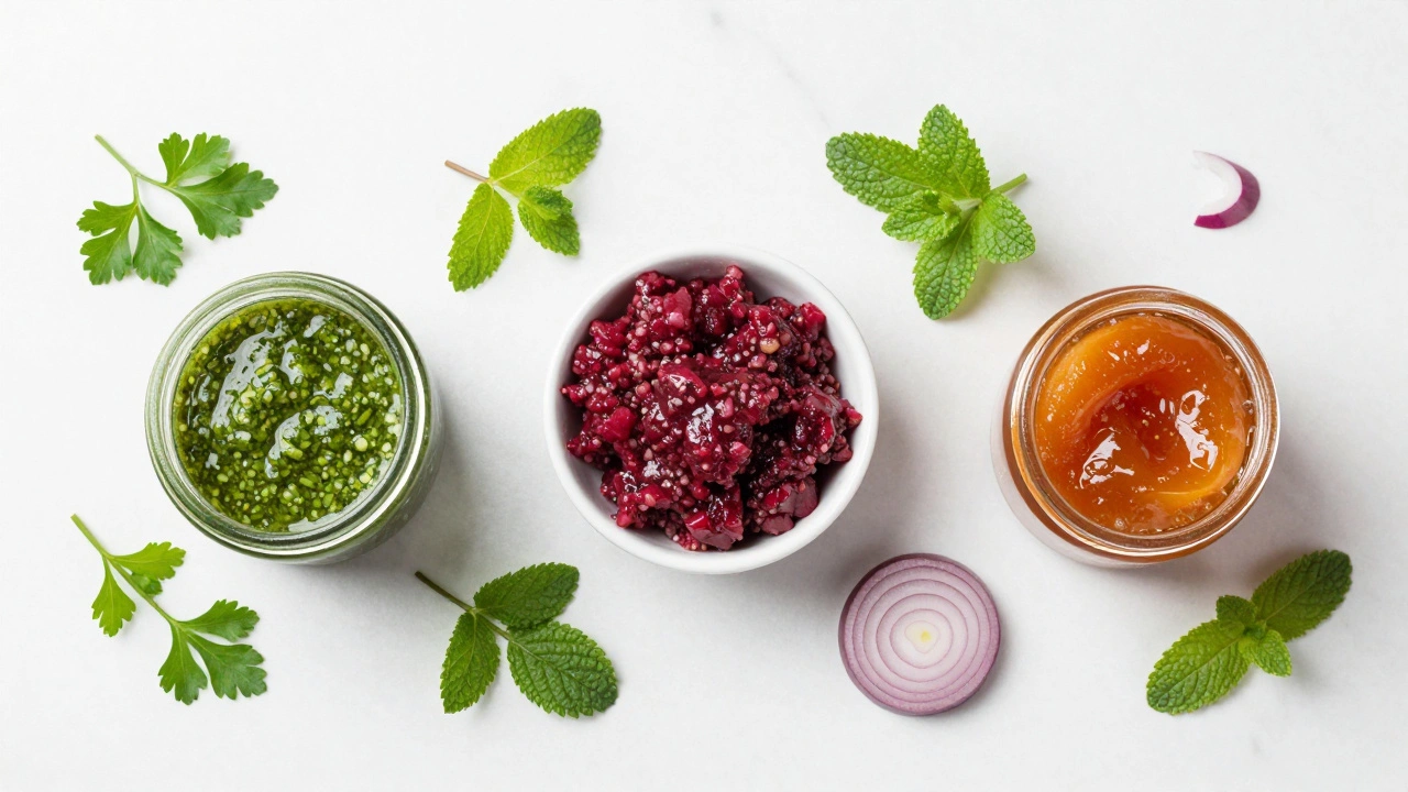 Flat lay of chimichurri, relish, and apricot preserves as chutney subs