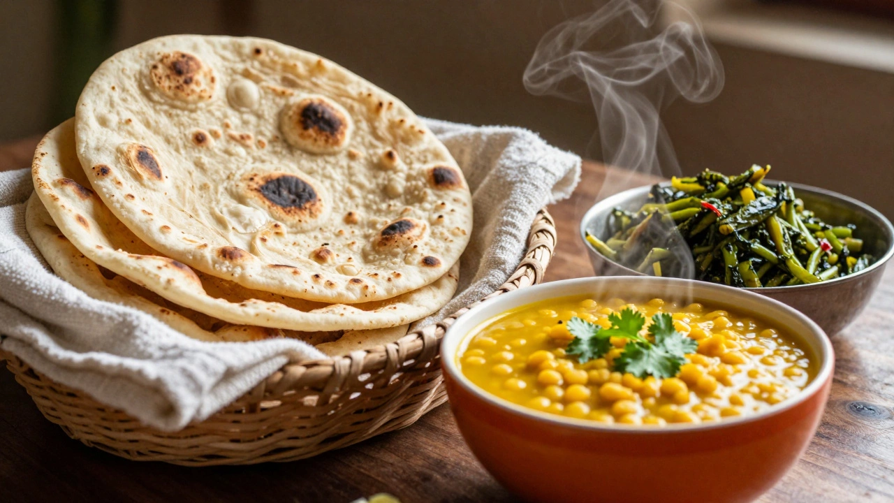 Fresh rotis served with dal and vegetables in a warm, healthy Indian meal setting.