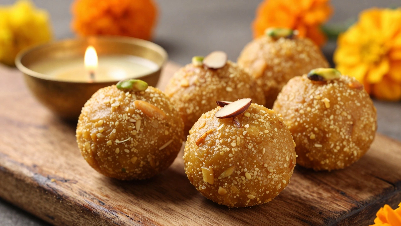 Golden besan laddus on a rustic wooden board with nuts and ghee.