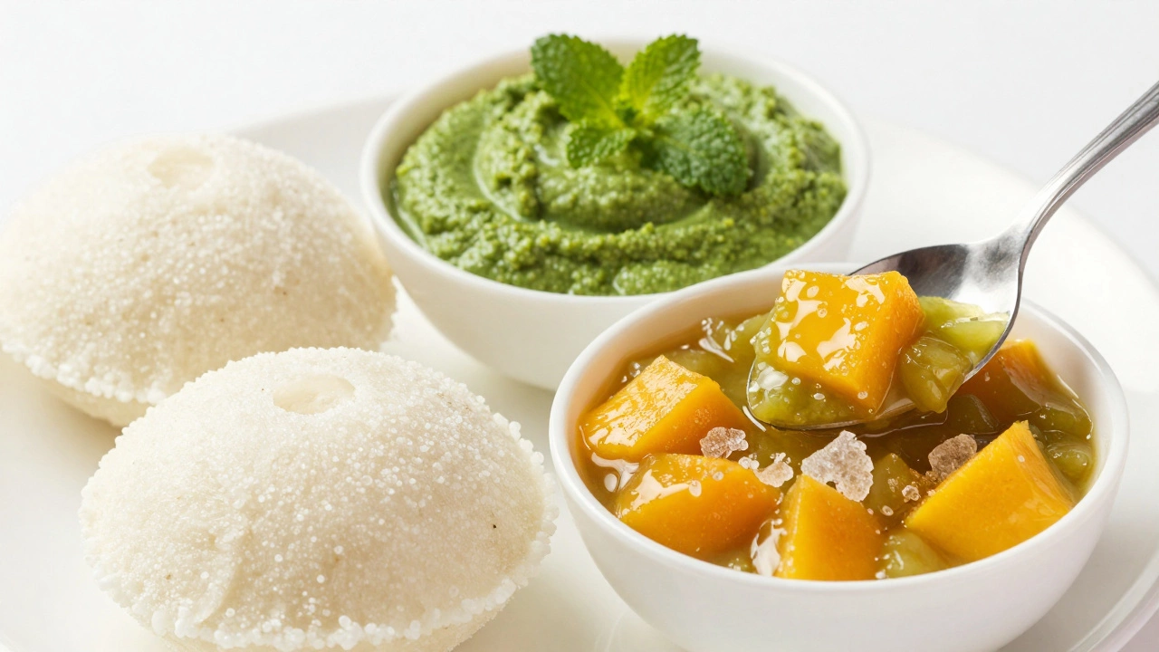 Idlis served with green herb chutney and sweet mango chutney.