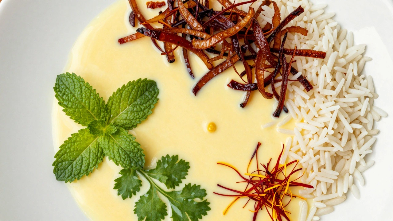 Layered biryani ingredients including saffron and fried onions