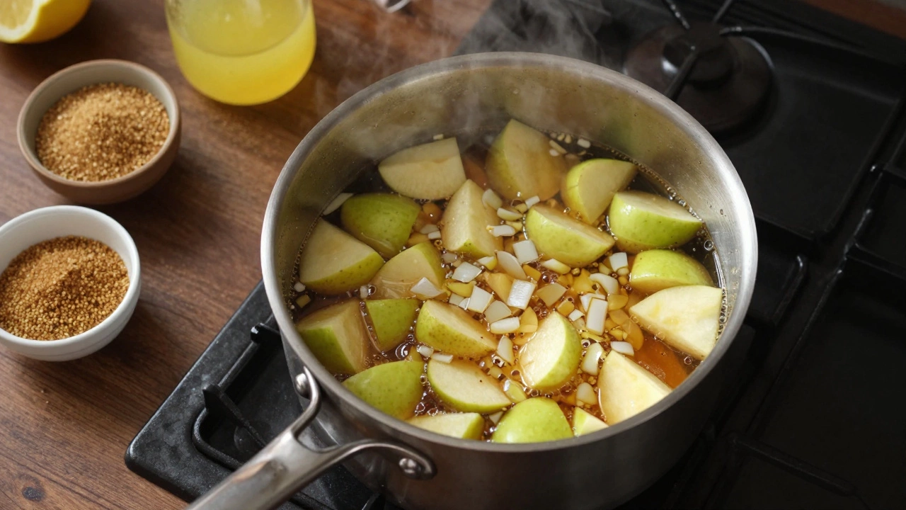 Simmering pot of homemade fruit chutney with spices and ingredients