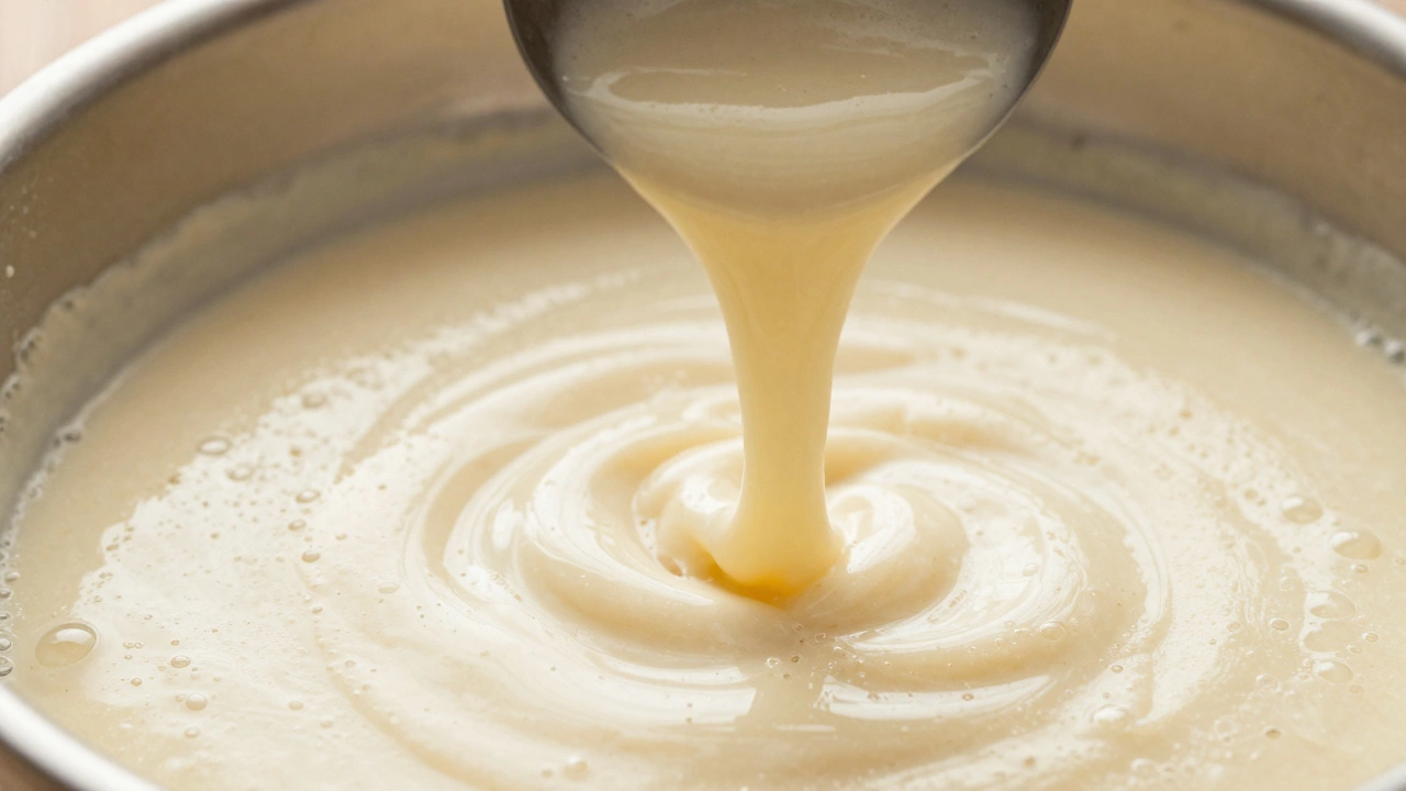 Smooth fermented dosa batter with air bubbles pouring from ladle