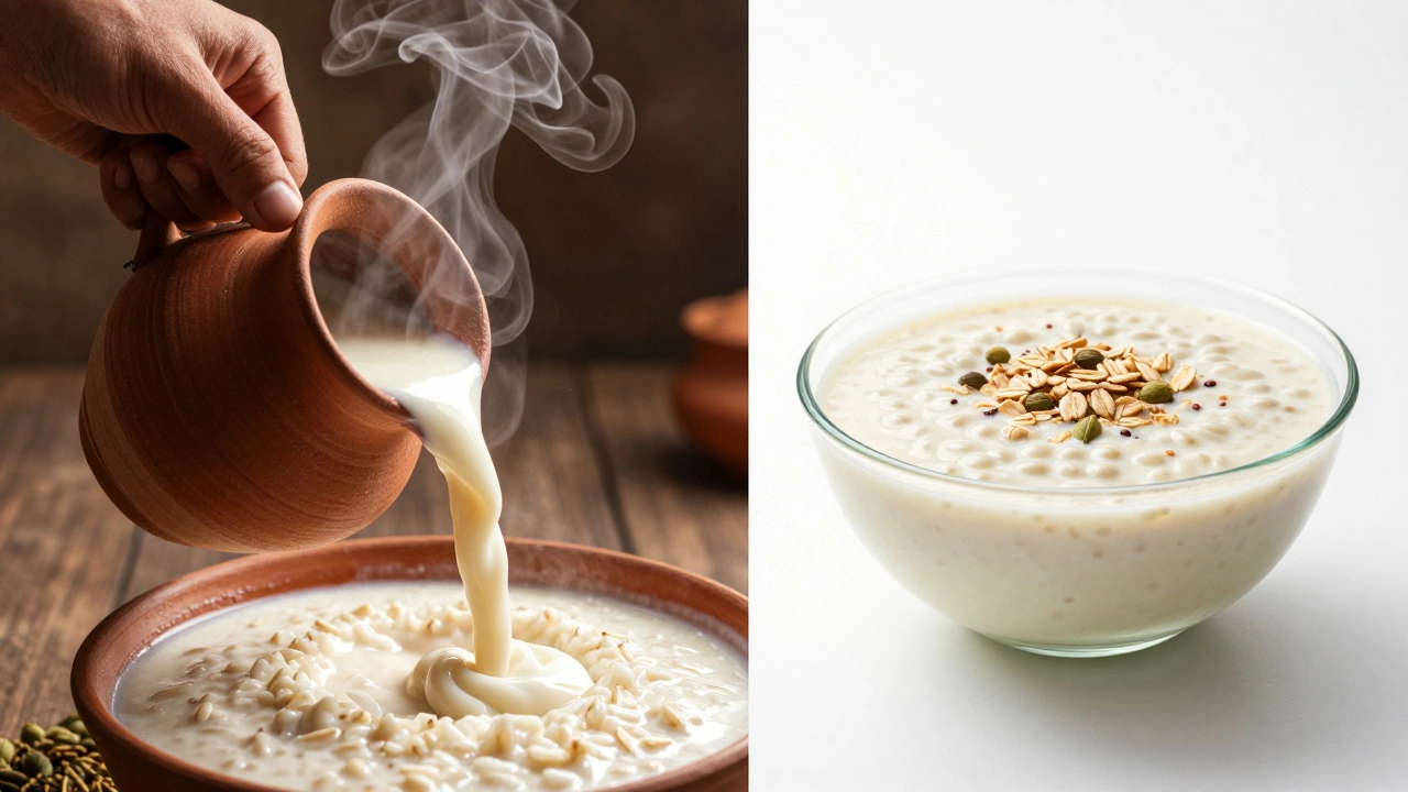 Split view comparing traditional rice kheer with modern oat-based kheer.