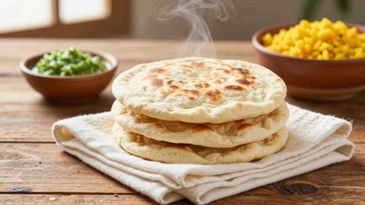 Stack of fresh soft rotis kept warm in a cloth towel next to dal and chutney