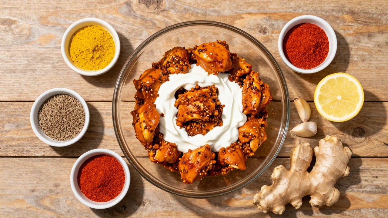 Top-down view of chicken marinating in spicy sour cream mixture with surrounding spices.