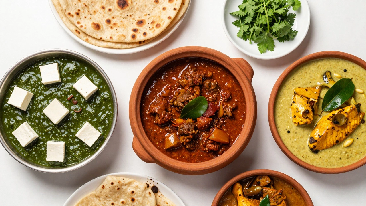 Variety of Indian curries including Rogan Josh and Palak Paneer