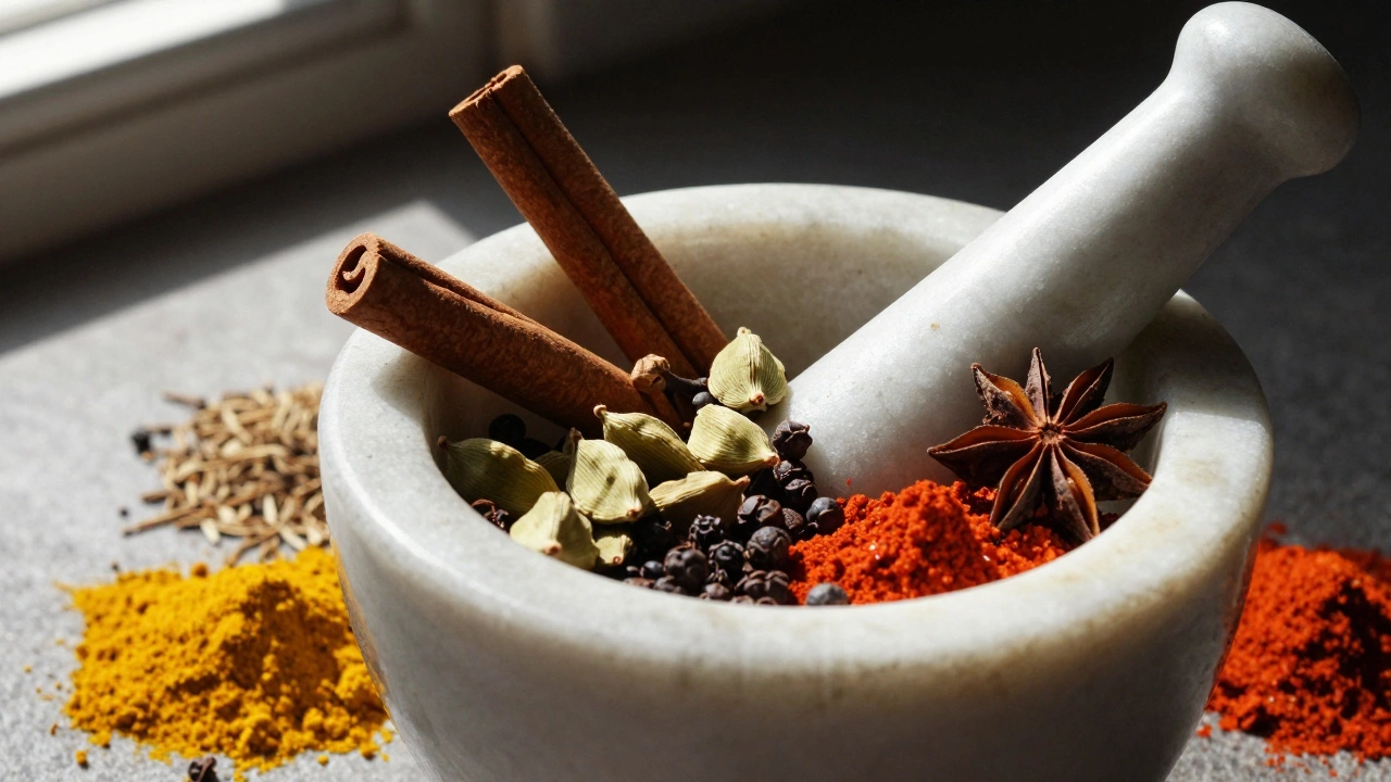 Whole spices like cinnamon and cardamom for Garam Masala