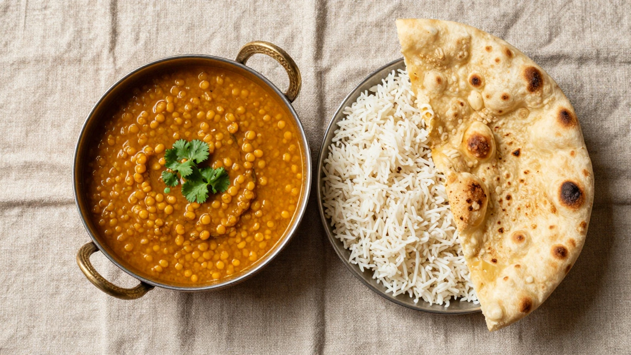 Bowl of dal, rice, and naan bread on a linen tablecloth