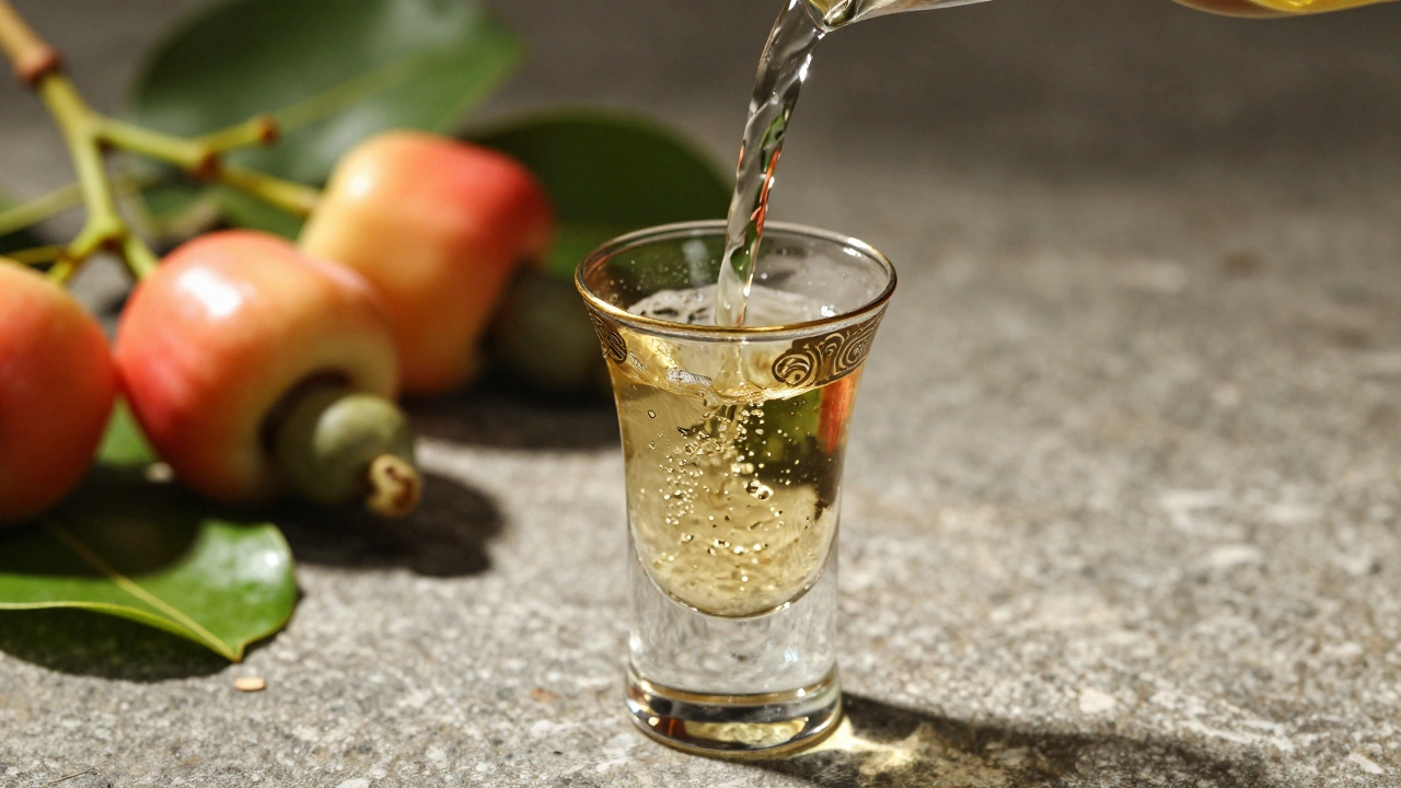 Close-up of Goan Cashew Feni being poured into a traditional brass glass